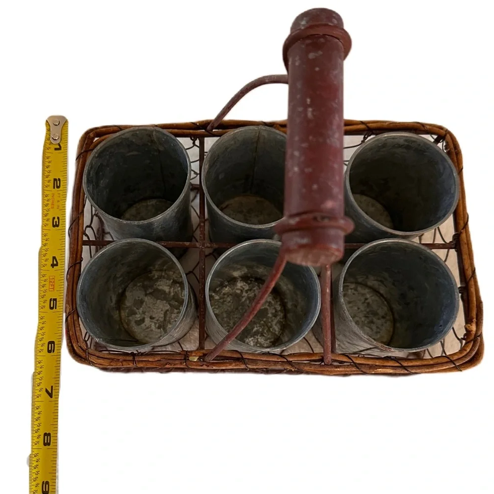 French Basket Farmhouse Rustic Wire Handle‎ 6 Cup Galvanized Metal Herb Pots